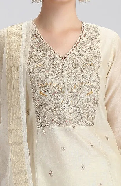 Cream Chanderi Embroidered Straight Kurta Pant and Dupatta Suit Set