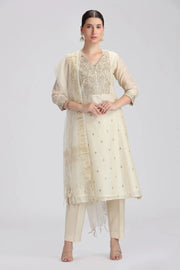 Cream Chanderi Embroidered Straight Kurta Pant and Dupatta Suit Set