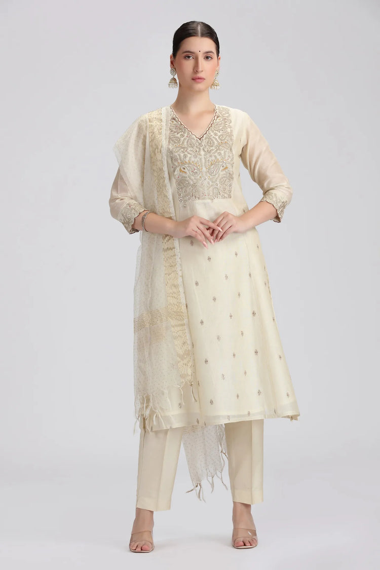 Cream Chanderi Embroidered Straight Kurta Pant and Dupatta Suit Set