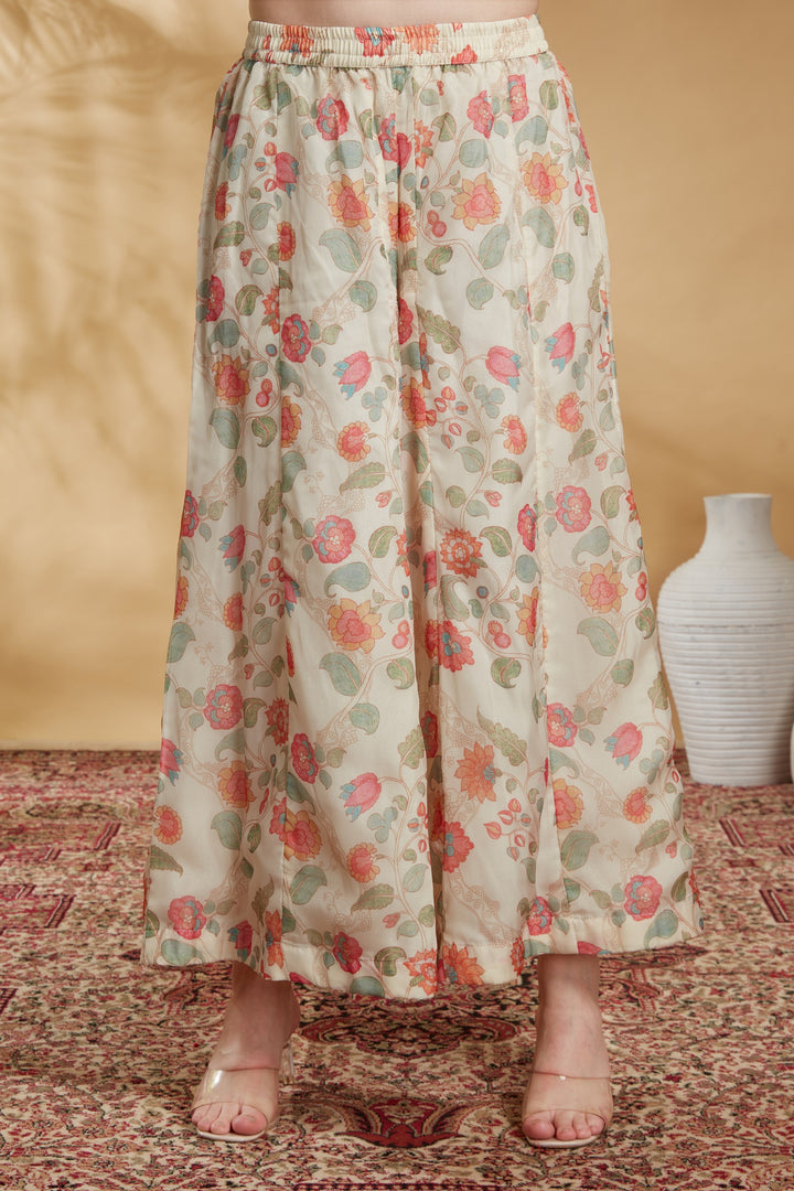 Cream Chinnon Embroidered A Line Kurta Pant and Dupatta Suit Set