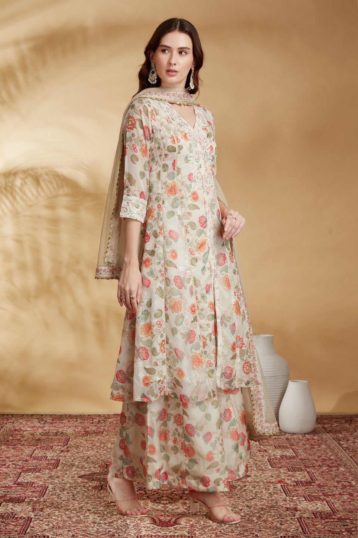 Cream Chinnon Embroidered A Line Kurta Pant and Dupatta Suit Set