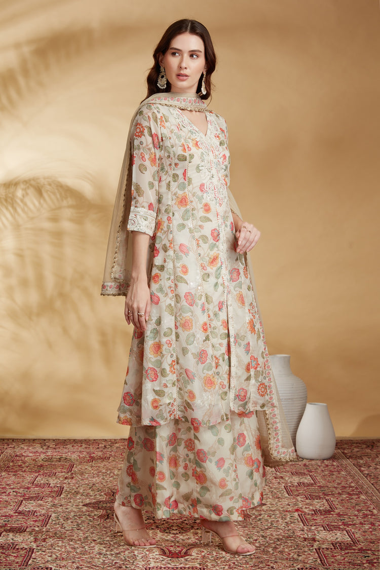 Cream Chinnon Embroidered A Line Kurta Pant and Dupatta Suit Set