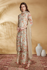 Cream Chinnon Embroidered A Line Kurta Pant and Dupatta Suit Set