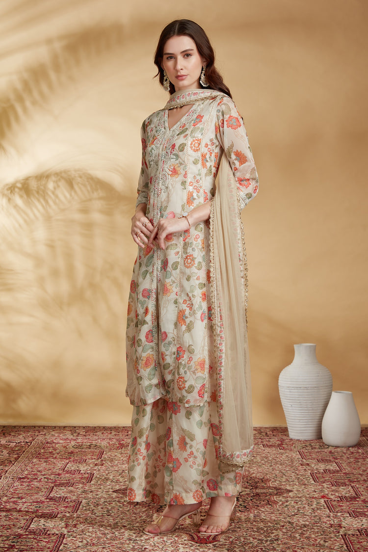 Cream Chinnon Embroidered A Line Kurta Pant and Dupatta Suit Set