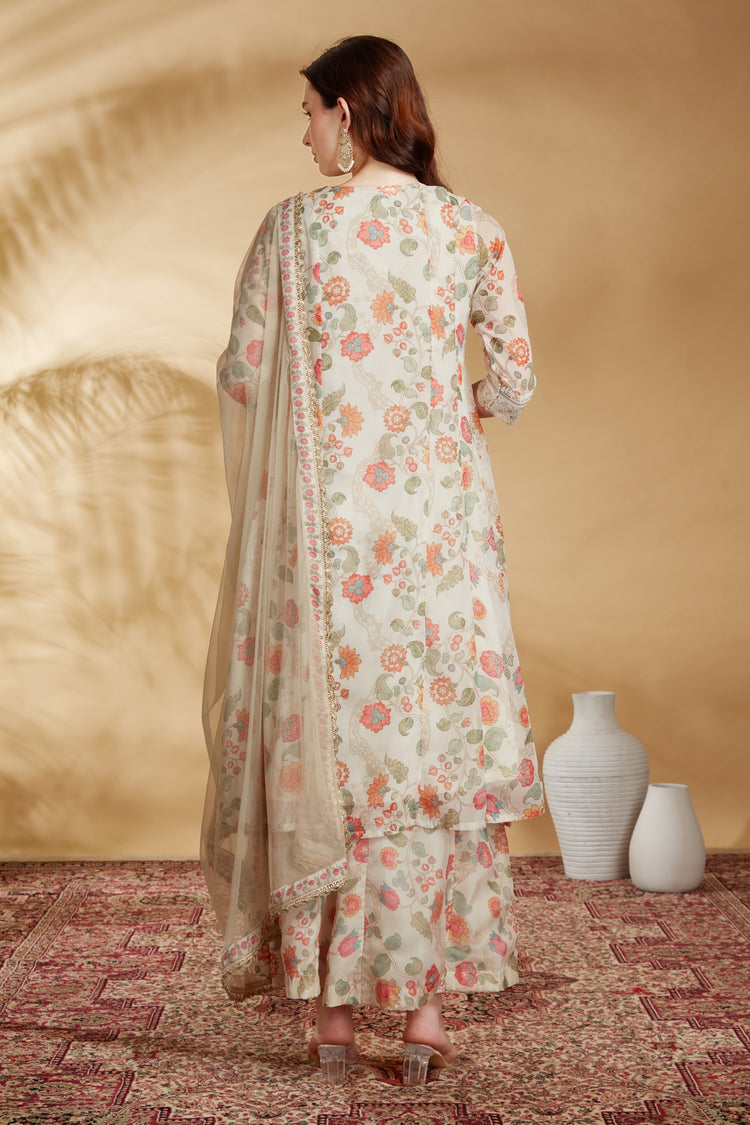 Cream Chinnon Embroidered A Line Kurta Pant and Dupatta Suit Set
