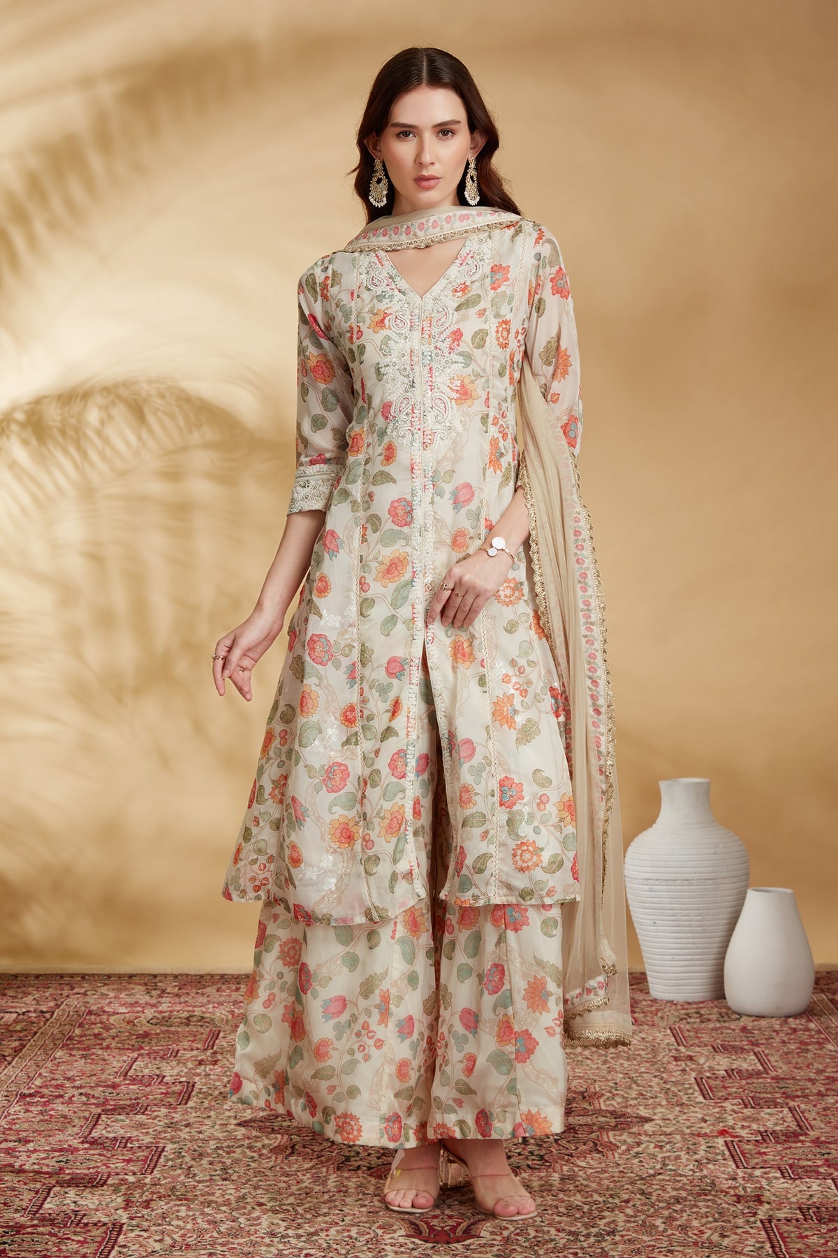 Cream Chinnon Embroidered A Line Kurta Pant and Dupatta Suit Set