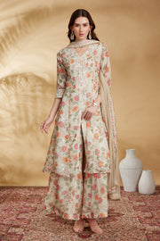 Cream Chinnon Embroidered A Line Kurta Pant and Dupatta Suit Set