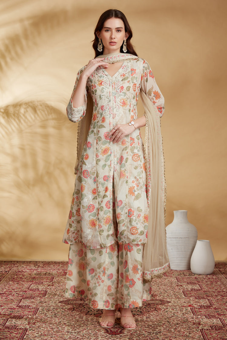 Cream Chinnon Embroidered A Line Kurta Pant and Dupatta Suit Set