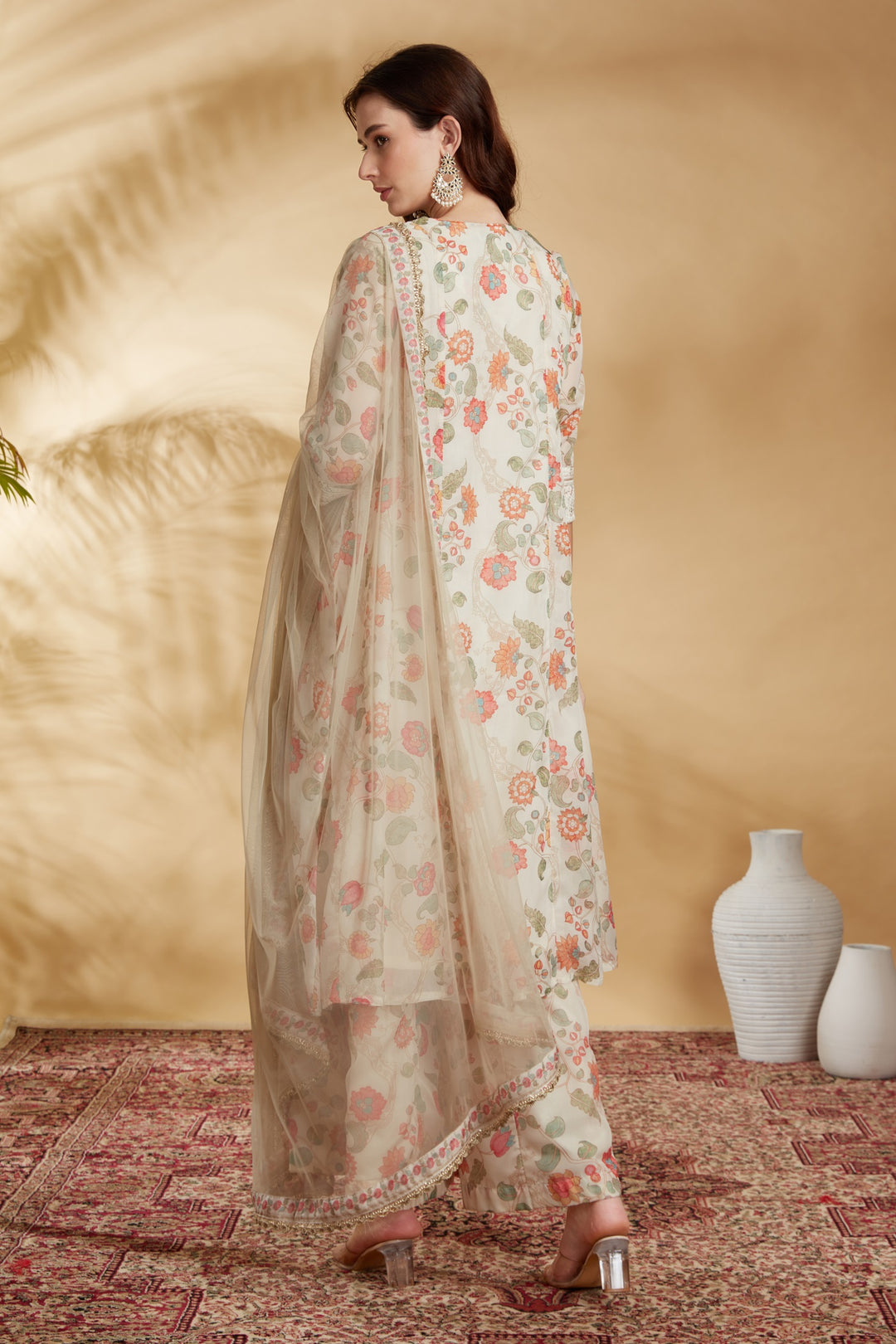 Cream Chinnon Embroidered A Line Kurta Pant and Dupatta Suit Set