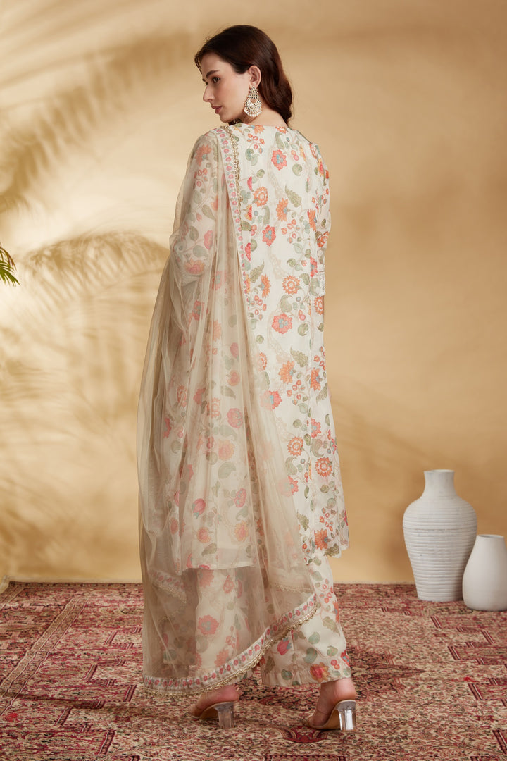 Cream Chinnon Embroidered A Line Kurta Pant and Dupatta Suit Set