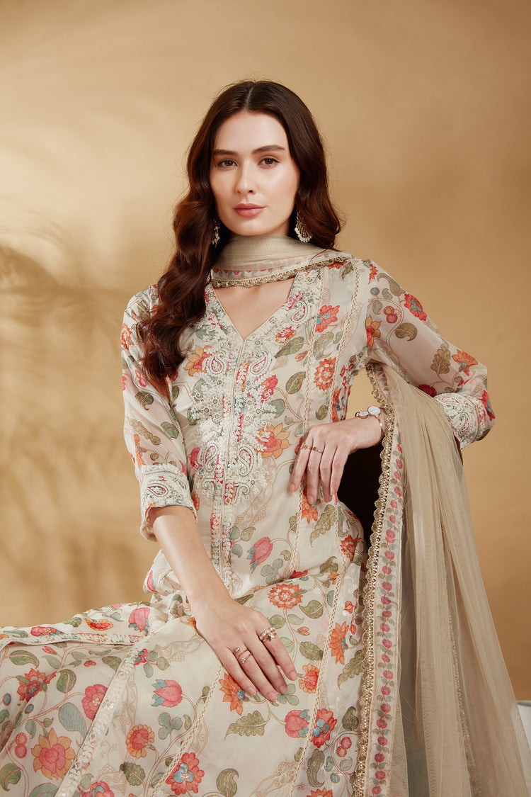 Cream Chinnon Embroidered A Line Kurta Pant and Dupatta Suit Set