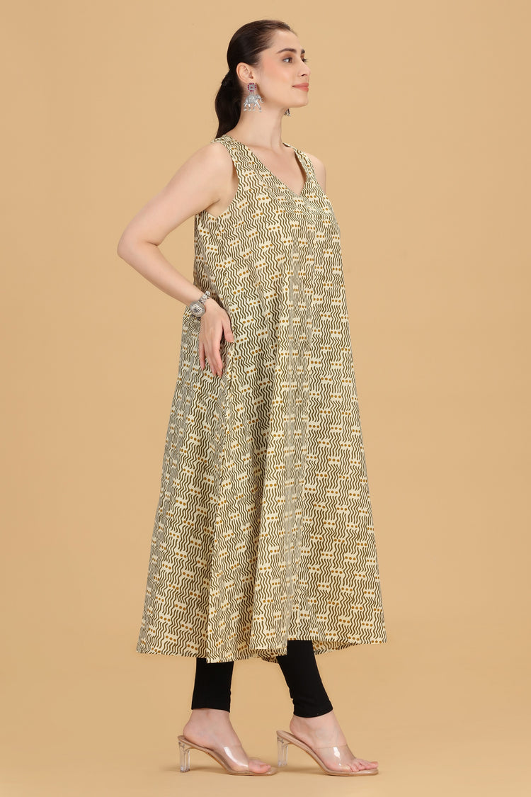 Cream Cotton A Line Printed Sleeveless Kurta