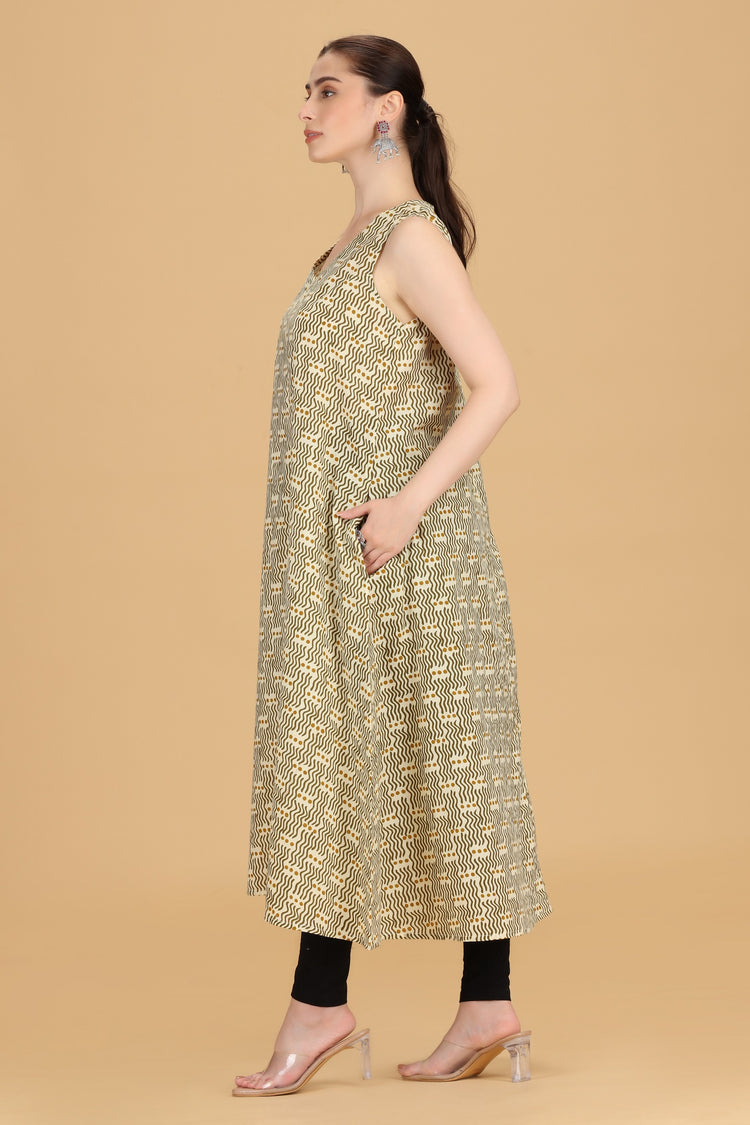 Cream Cotton A Line Printed Sleeveless Kurta