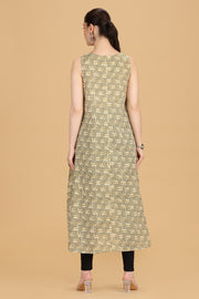 Cream Cotton A Line Printed Sleeveless Kurta
