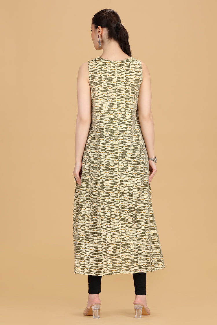Cream Cotton A Line Printed Sleeveless Kurta