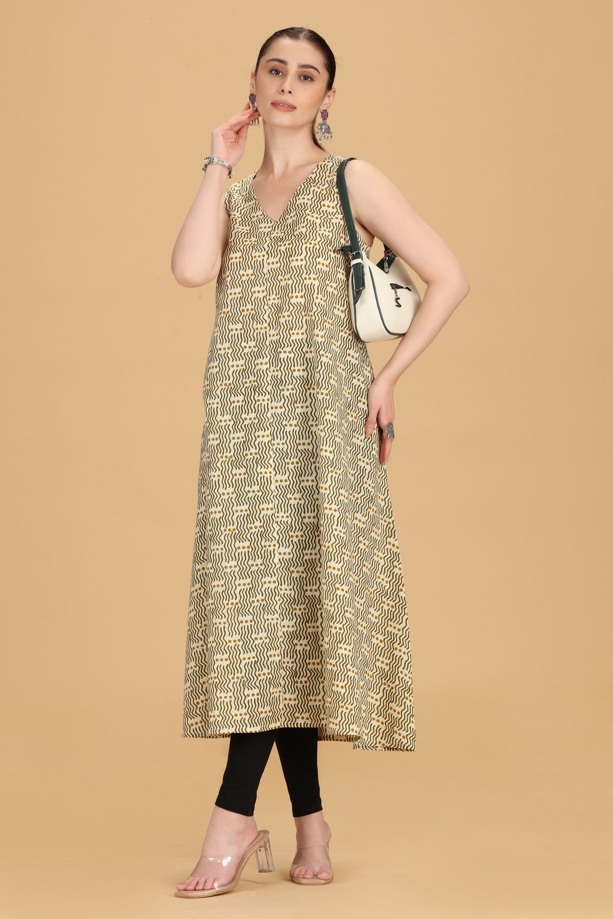 Cream Cotton A Line Printed Sleeveless Kurta