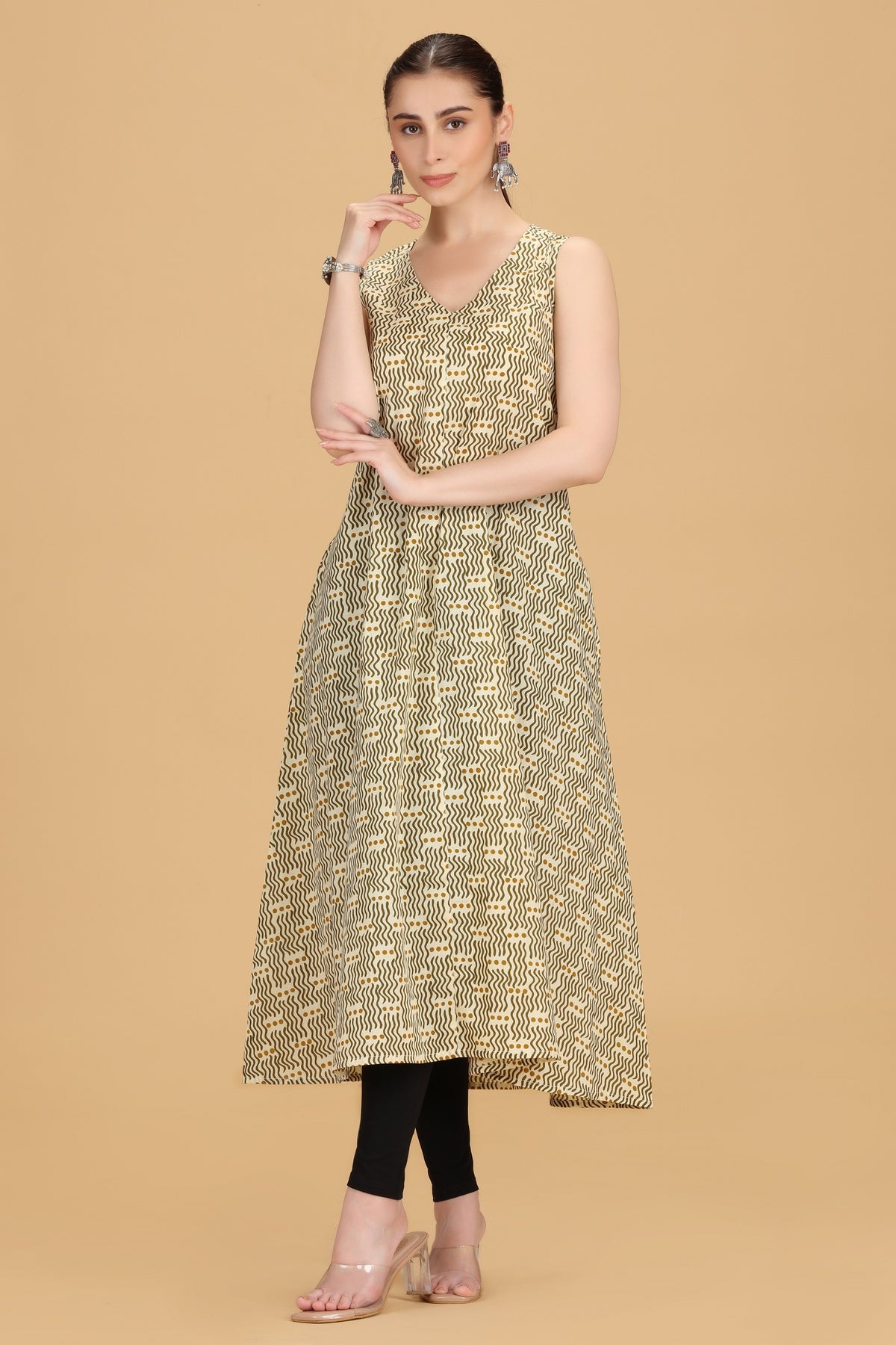 Cream Cotton A Line Printed Sleeveless Kurta