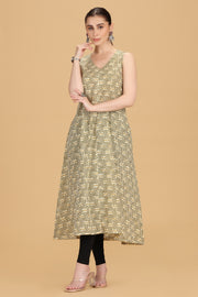 Cream Cotton A Line Printed Sleeveless Kurta