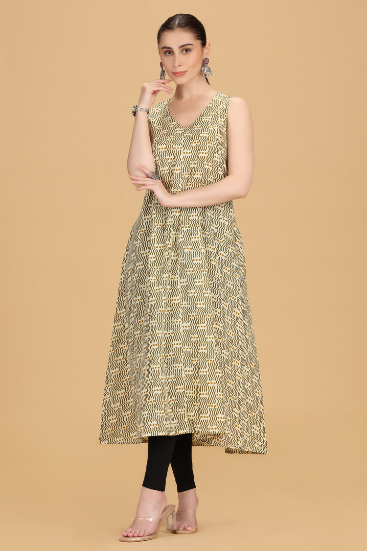 Cream Cotton A Line Printed Sleeveless Kurta