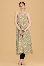 Cream Cotton A Line Printed Sleeveless Kurta