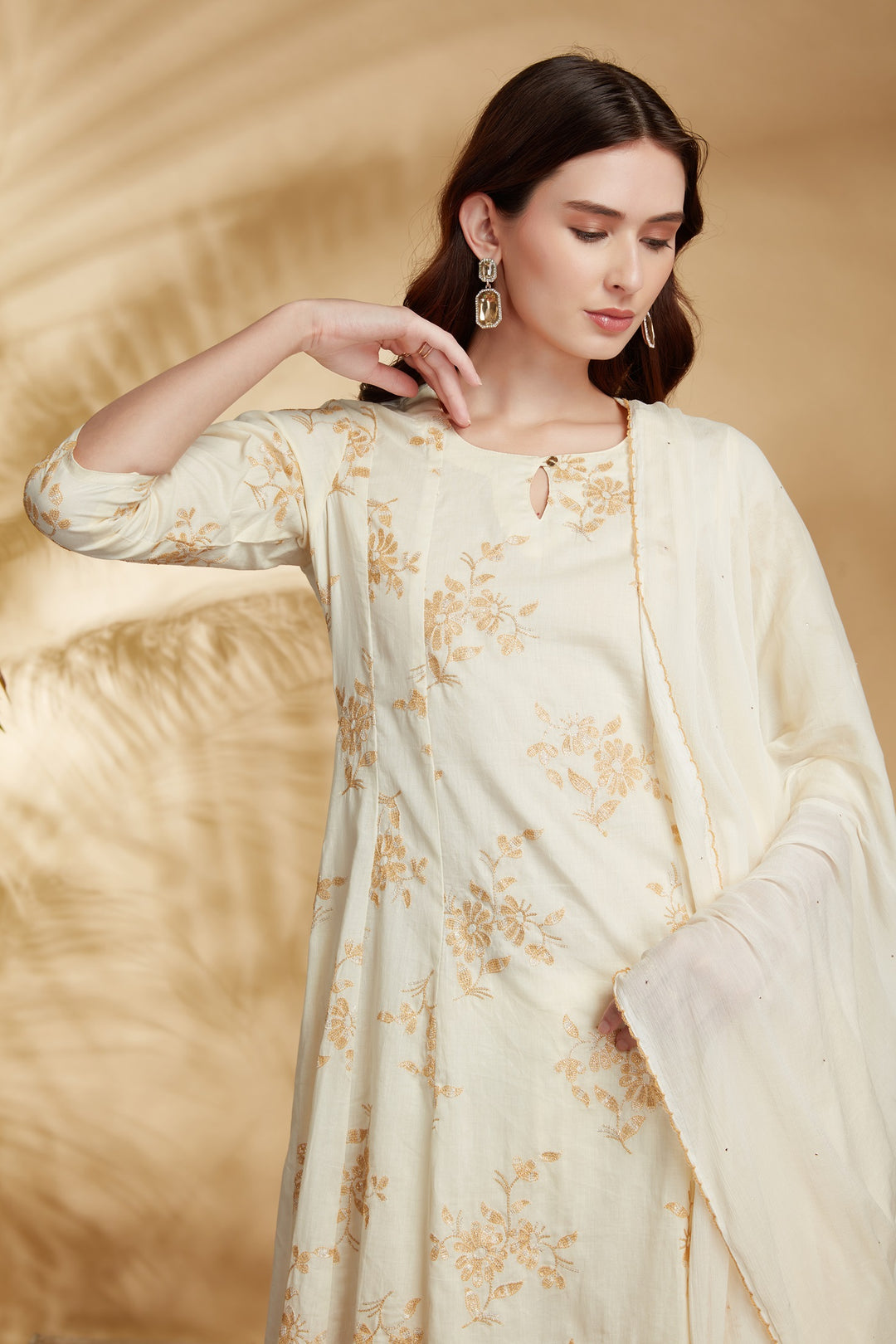Cream Cotton Embroidered A Line Kurta Pant and Dupatta Suit Set