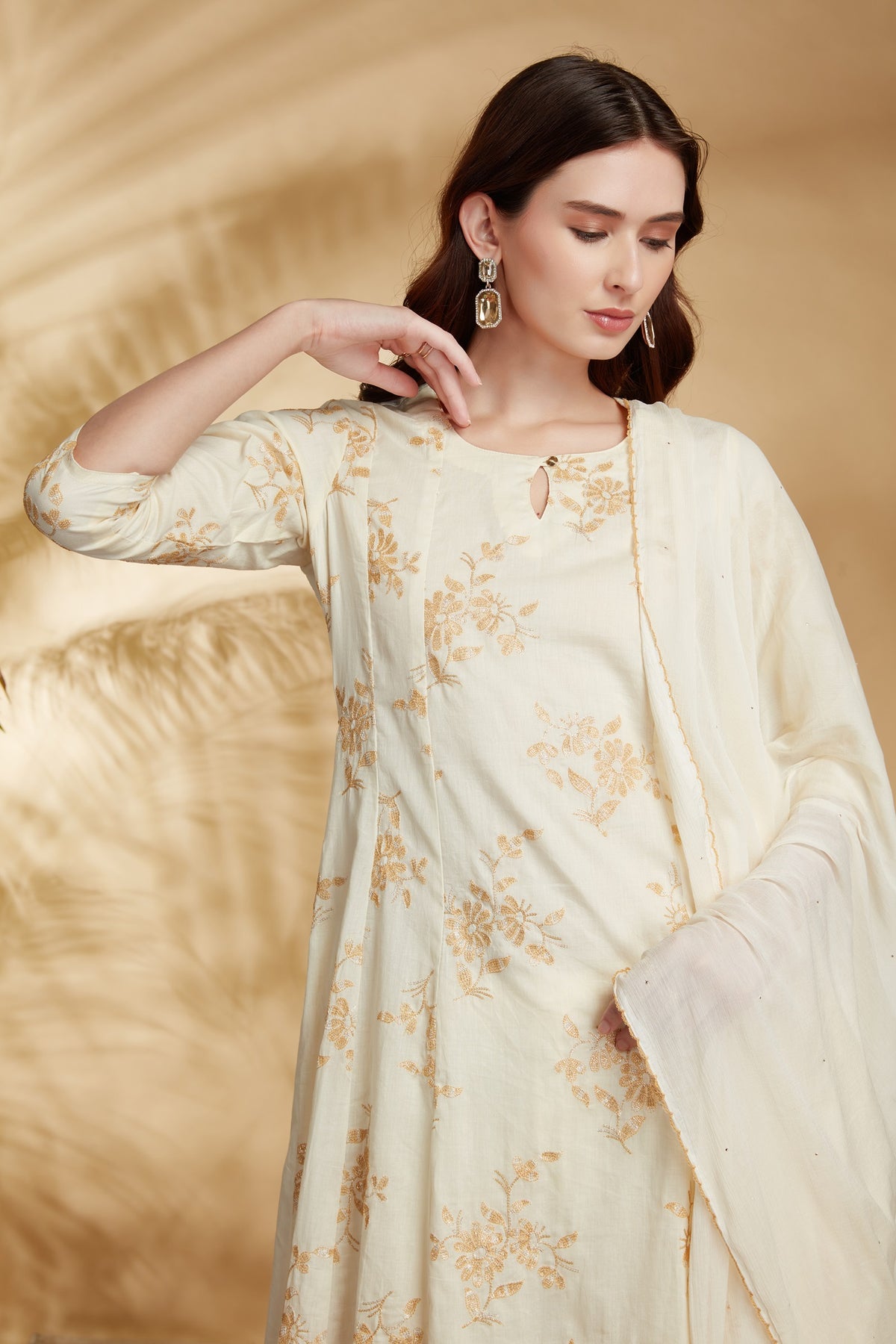 Cream Cotton Embroidered A Line Kurta Pant and Dupatta Suit Set