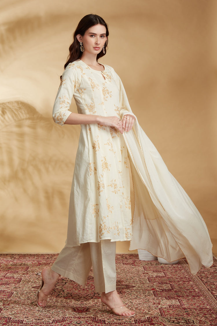 Cream Cotton Embroidered A Line Kurta Pant and Dupatta Suit Set