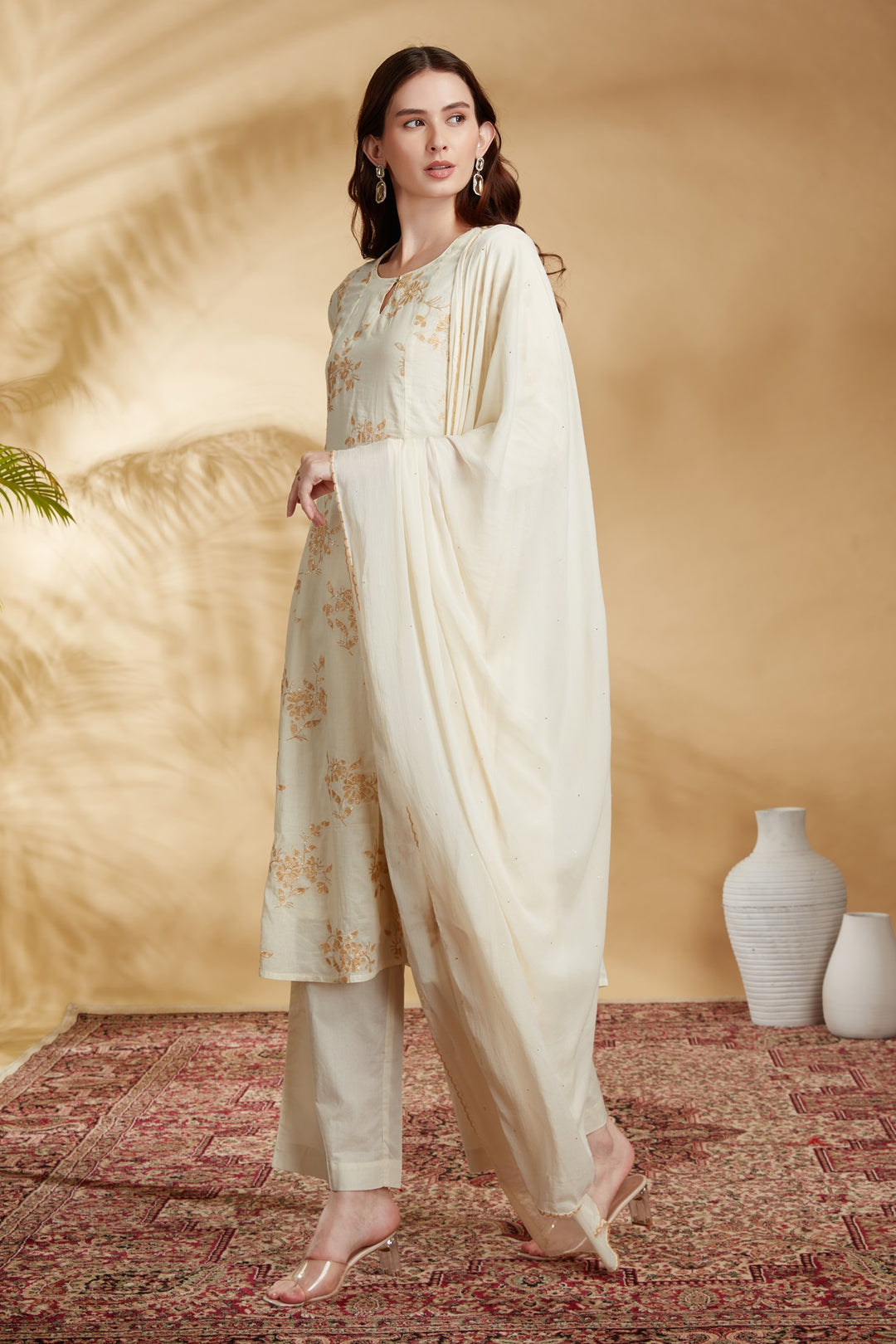 Cream Cotton Embroidered A Line Kurta Pant and Dupatta Suit Set