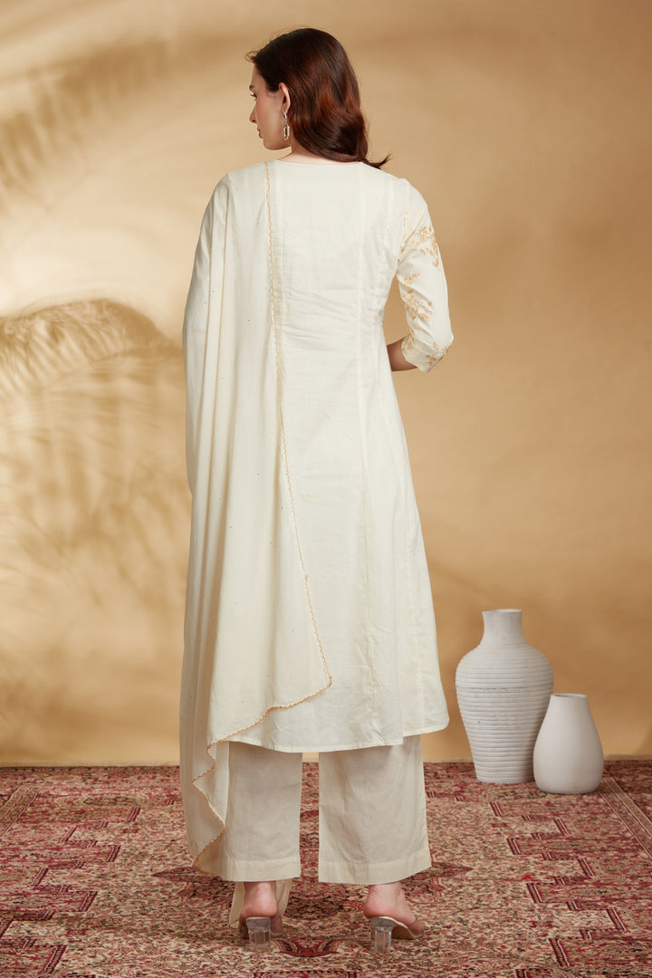 Cream Cotton Embroidered A Line Kurta Pant and Dupatta Suit Set