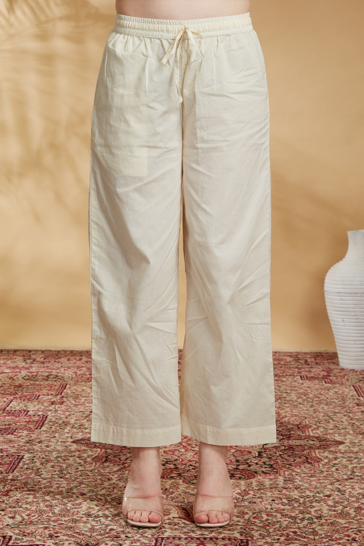 Cream Cotton Embroidered A Line Kurta Pant and Dupatta Suit Set
