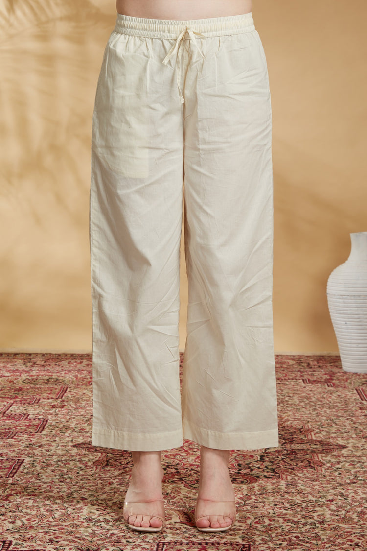 Cream Cotton Embroidered A Line Kurta Pant and Dupatta Suit Set