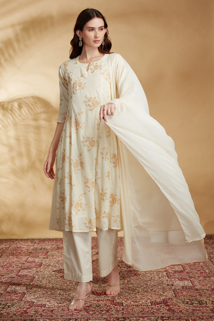 Cream Cotton Embroidered A Line Kurta Pant and Dupatta Suit Set