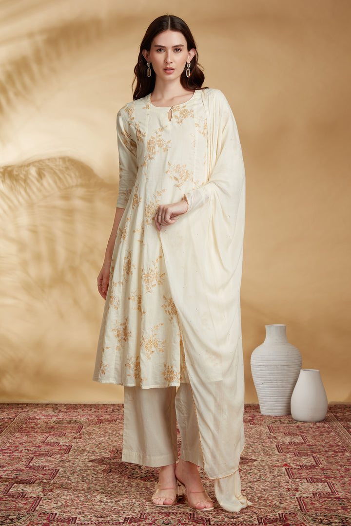 Cream Cotton Embroidered A Line Kurta Pant and Dupatta Suit Set