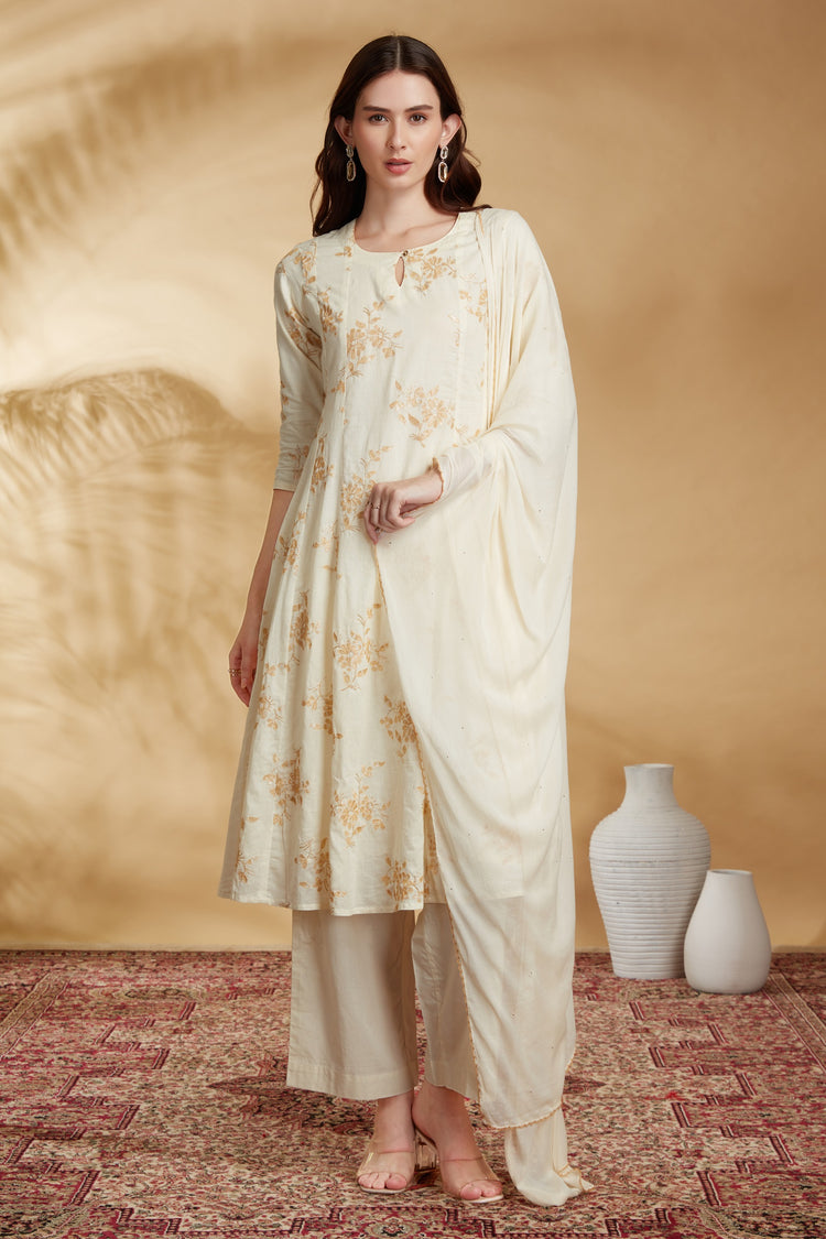 Cream Cotton Embroidered A Line Kurta Pant and Dupatta Suit Set