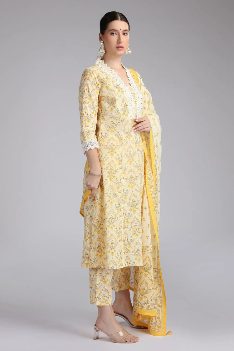 Cream Cotton Printed A Line Kurta Pant and Dupatta Suit Set