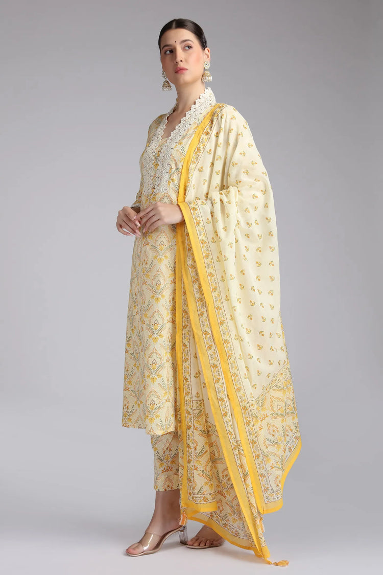 Cream Cotton Printed A Line Kurta Pant and Dupatta Suit Set