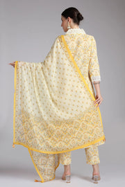 Cream Cotton Printed A Line Kurta Pant and Dupatta Suit Set