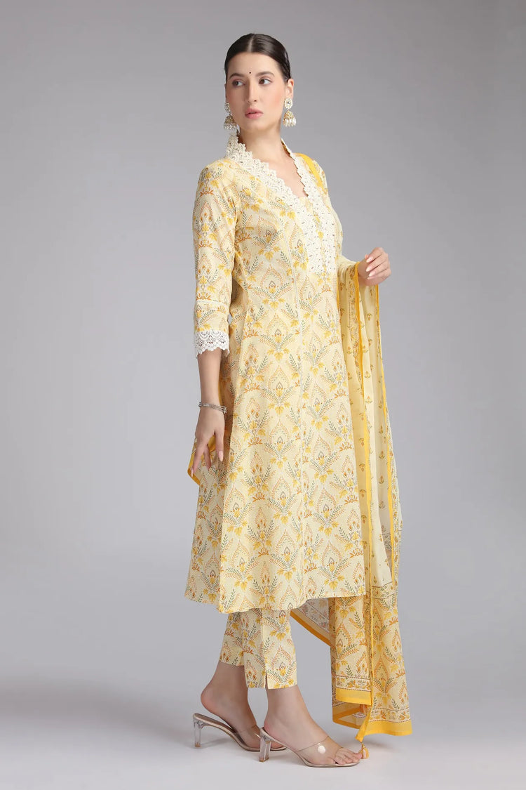 Cream Cotton Printed A Line Kurta Pant and Dupatta Suit Set
