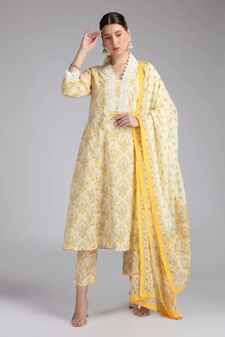 Cream Cotton Printed A Line Kurta Pant and Dupatta Suit Set