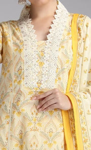 Cream Cotton Printed A Line Kurta Pant and Dupatta Suit Set