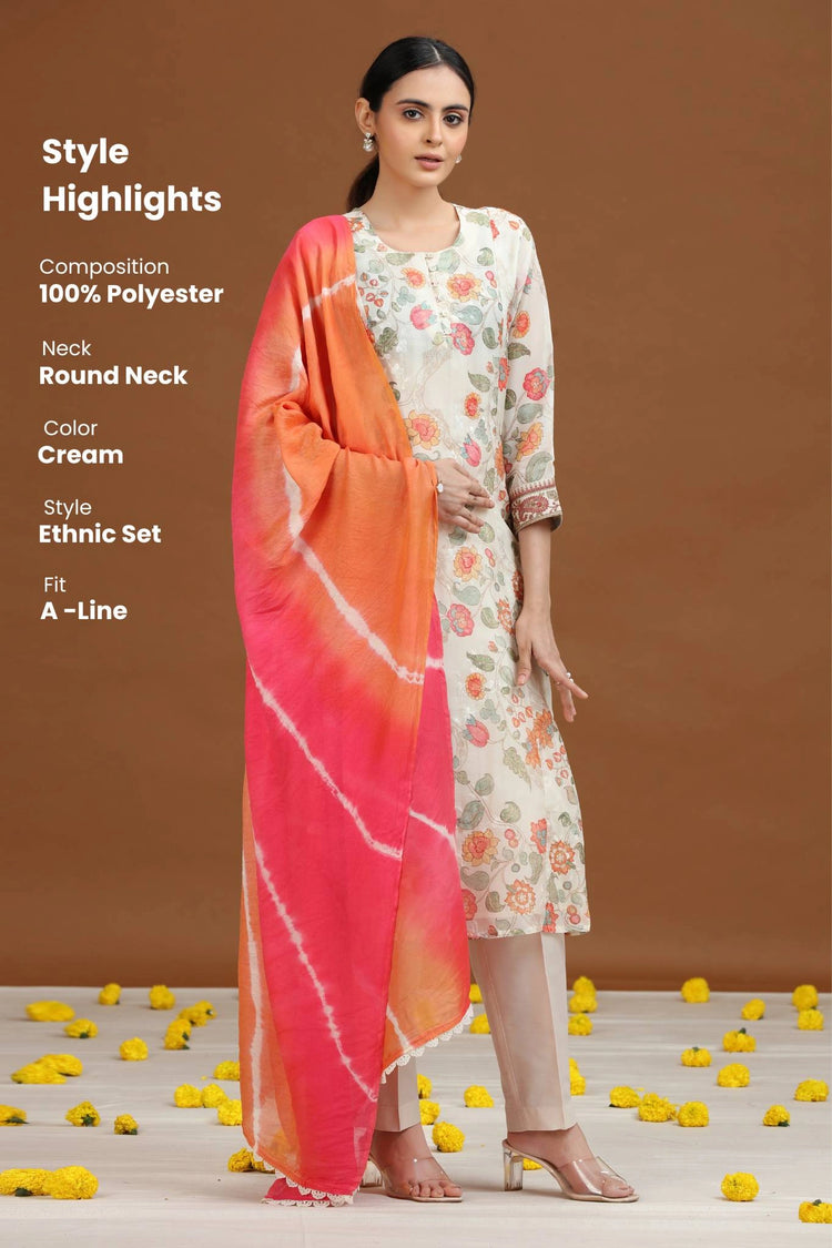 Cream Embroidered A-Line Ethnic Set