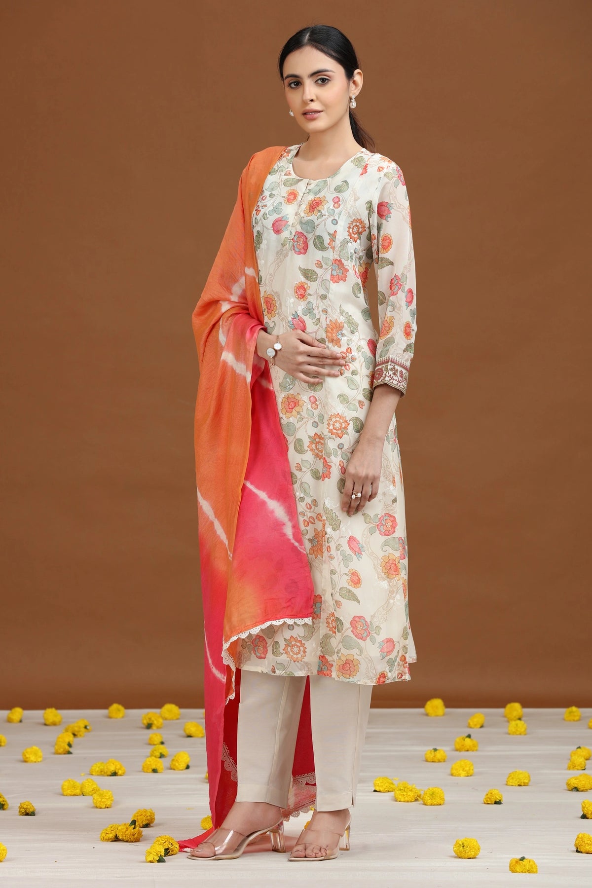 Cream Embroidered A-Line Ethnic Set