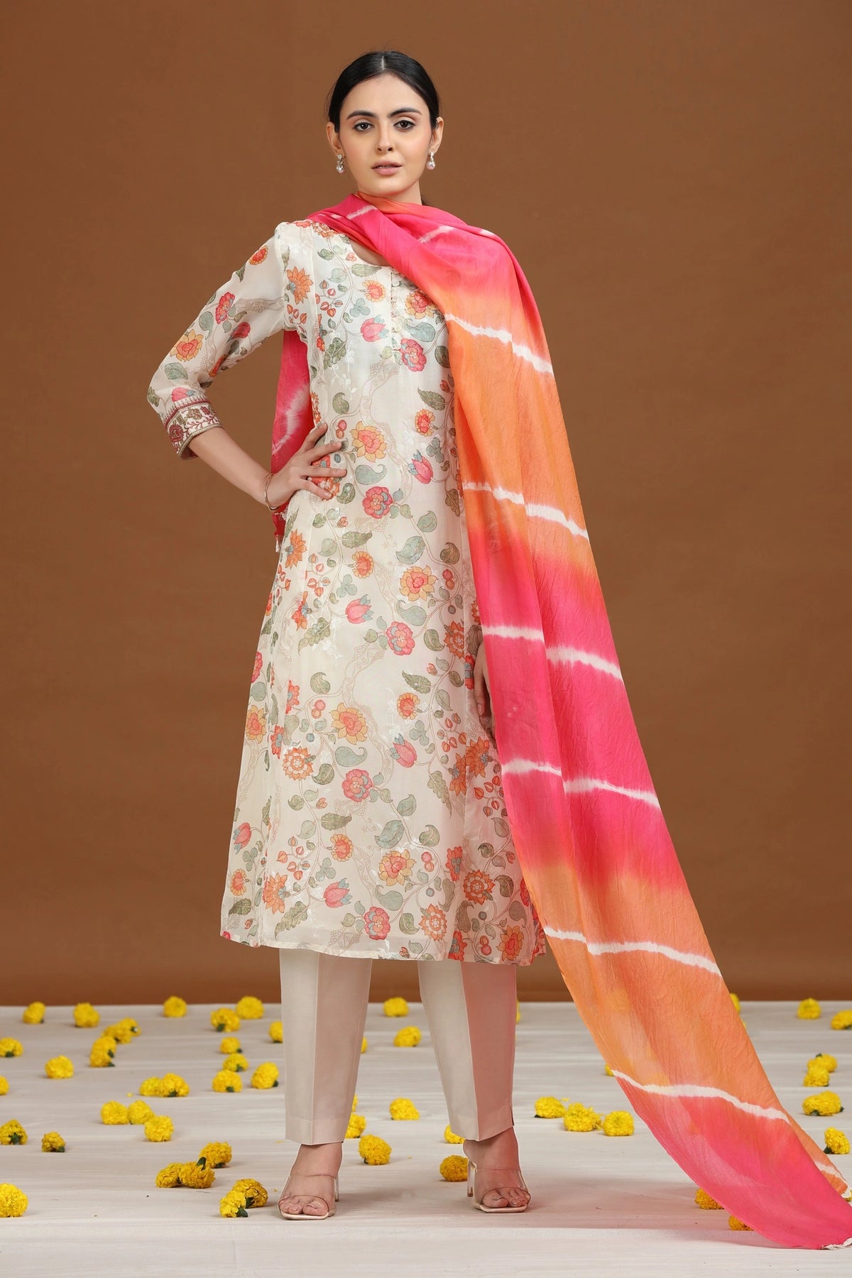 Cream Embroidered A-Line Ethnic Set