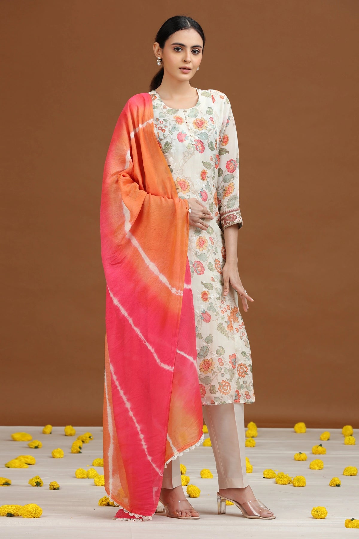 Cream Embroidered A-Line Ethnic Set