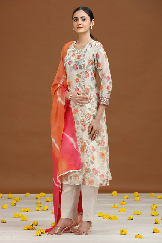 Cream Embroidered A-Line Ethnic Set