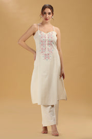 Cream Embroidered Flex Cotton A Line Sleeveless Kurta Pant Co Ord Set for women