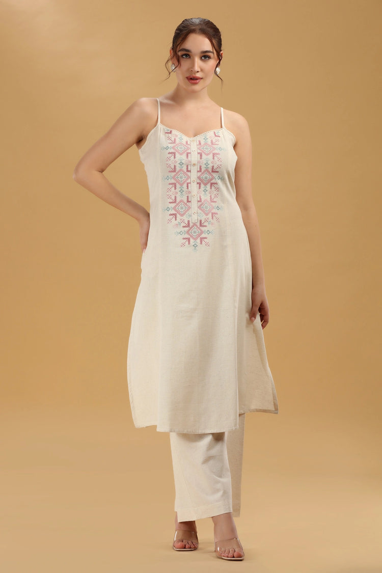 Cream Embroidered Flex Cotton A Line Sleeveless Kurta Pant Co Ord Set for women