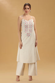 Cream Embroidered Flex Cotton A Line Sleeveless Kurta Pant Co Ord Set for women