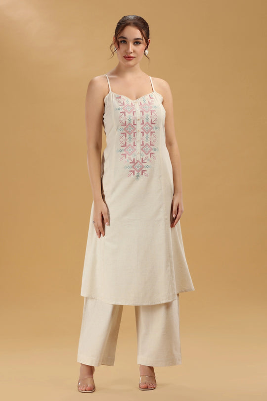 Cream Embroidered Flex Cotton A Line Sleeveless Kurta Pant Co Ord Set for women