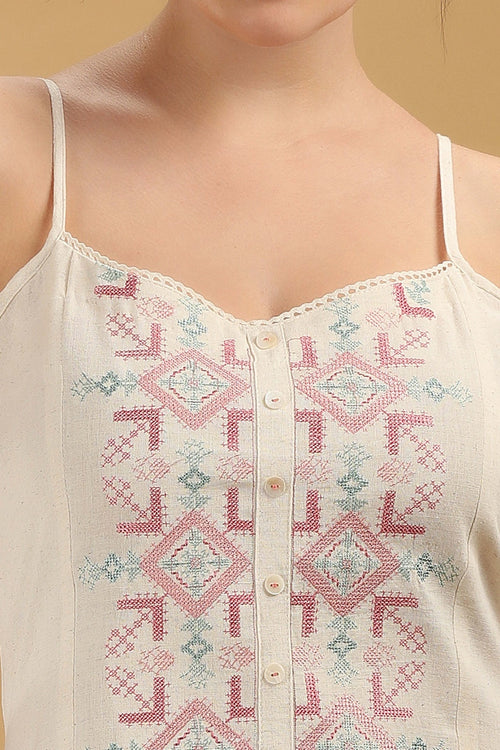 Cream Embroidered Flex Cotton A Line Sleeveless Kurta Pant Co Ord Set for women